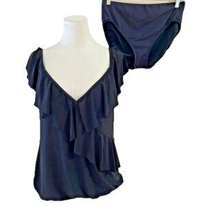 Contors Coco Reef Tankini Swim Suit Size 12/L Black Ruffle Top Bikini Bottom